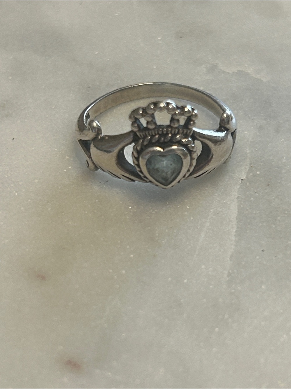 Sterling Silver Heart Crown Ring with Light Blue Aquamarine Stone